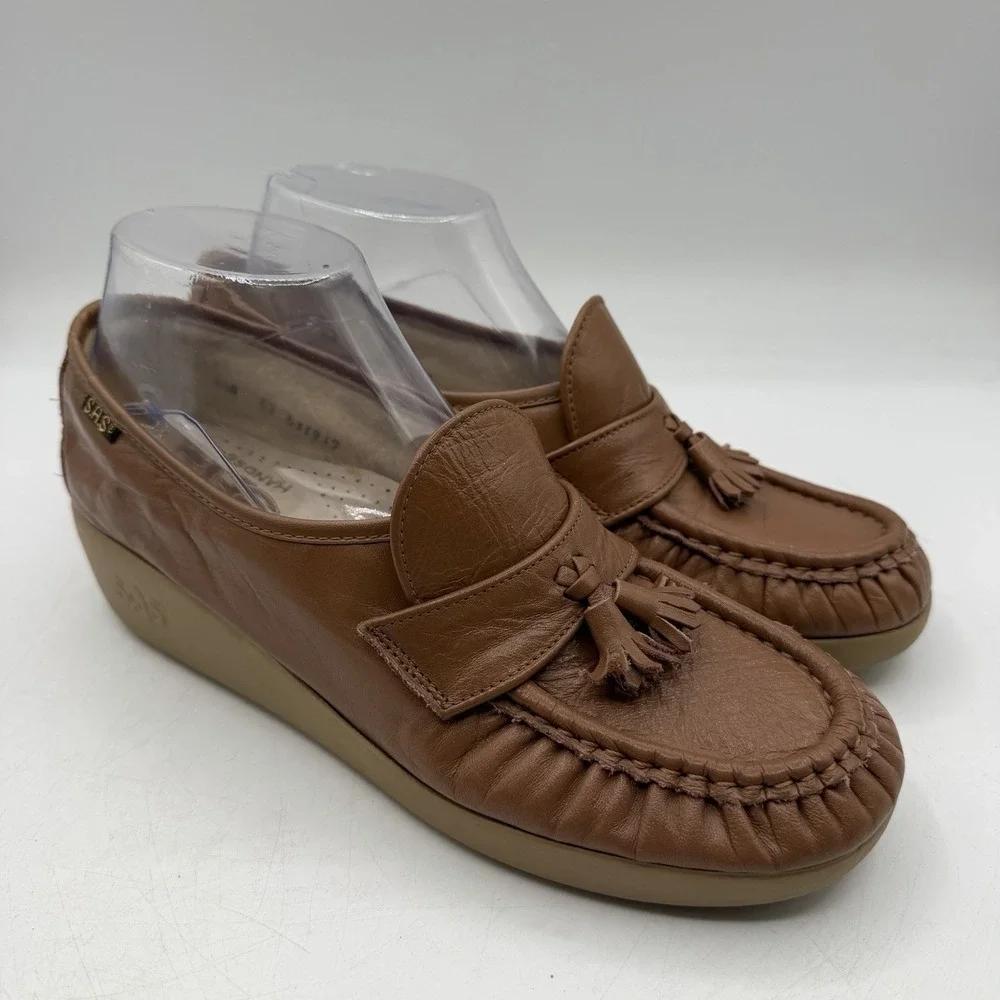 SAS Tripad Comfort Magic Leather Tassel Wedge Shoes Womens Sz 8.5 N NARROW Brown